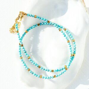 Dainty Gemstone Beaded Necklace Waterproof Gold Beads Turquoise or Lapis Lazuli